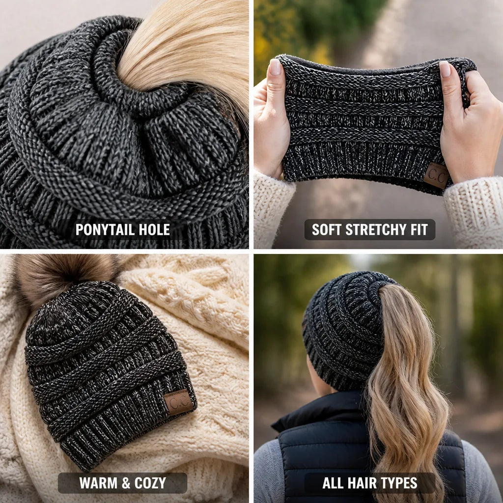 Beanie Ponytail Hole Soft Stretchy Acrylic