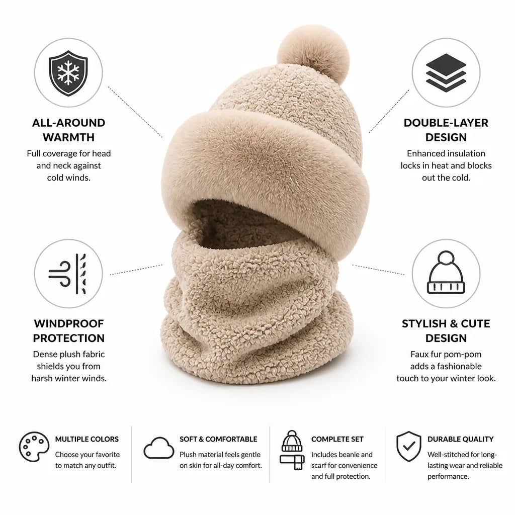 Beanie & Scarf Set Double-Layer Plush Windproof