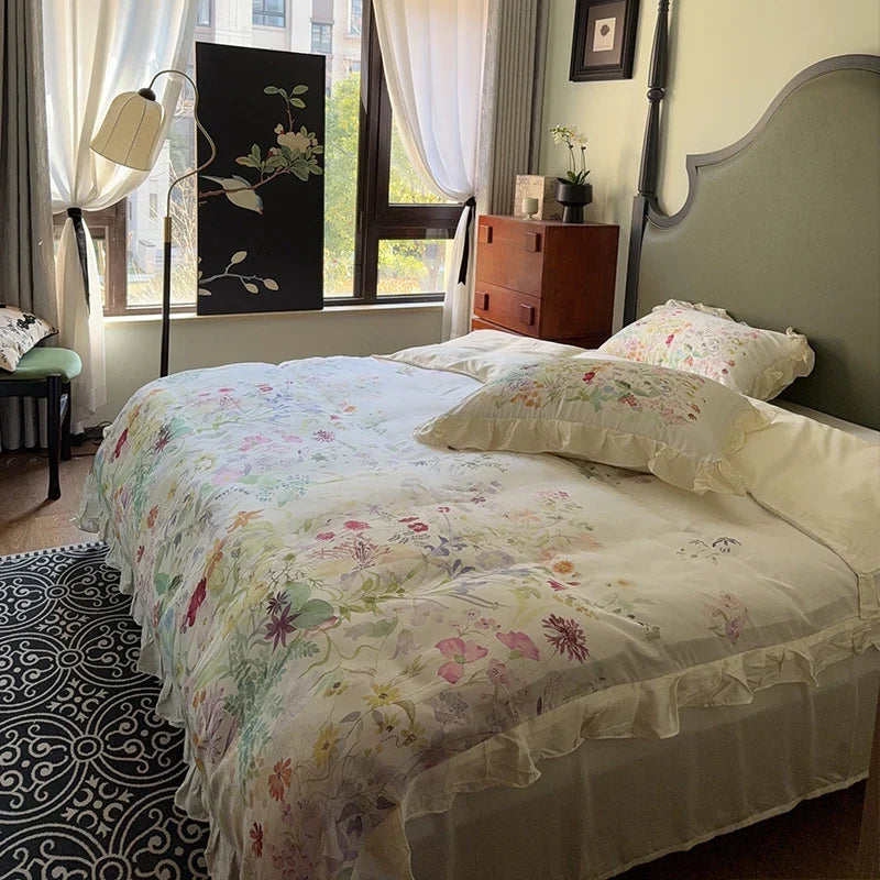 Bed Linen Set Cotton Satin Botanical Print & Ruffle