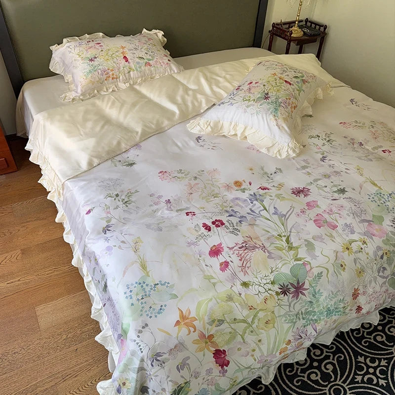 Bed Linen Set Cotton Satin Botanical Print & Ruffle