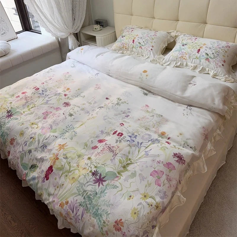 Bed Linen Set Cotton Satin Botanical Print & Ruffle