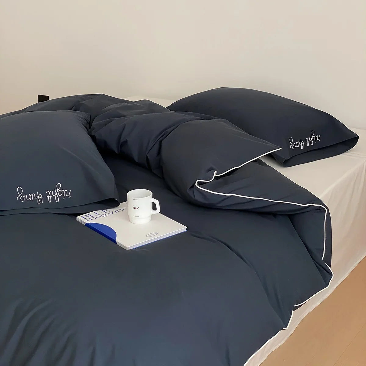Bed Linen Set Cotton Satin Contrasting Piping