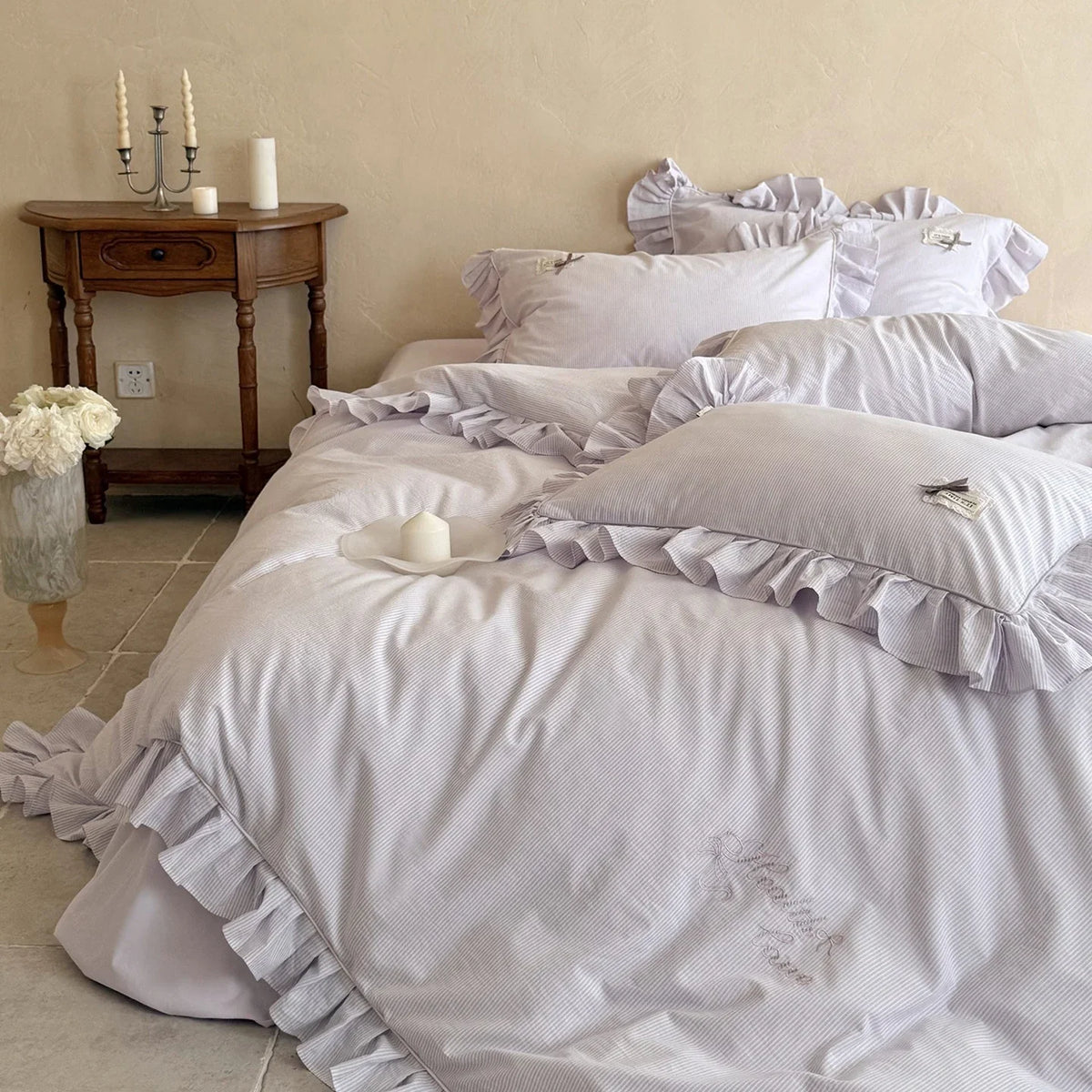 Bed Linen Set Fine Stripe Ruffle Breathable Cotton Blend