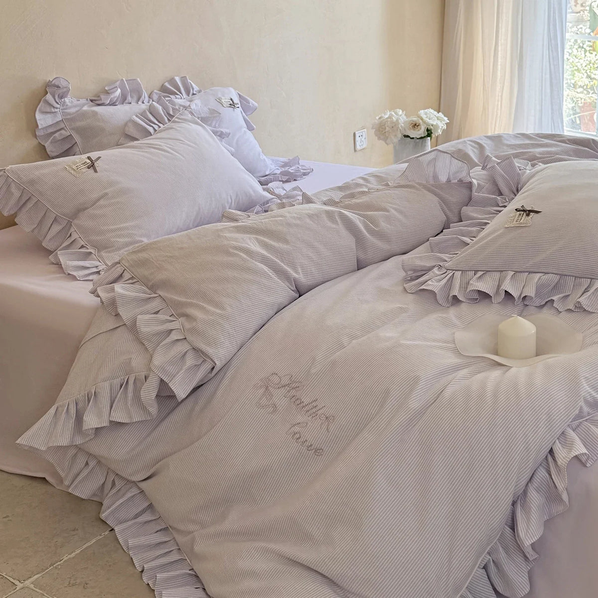 Bed Linen Set Fine Stripe Ruffle Breathable Cotton Blend