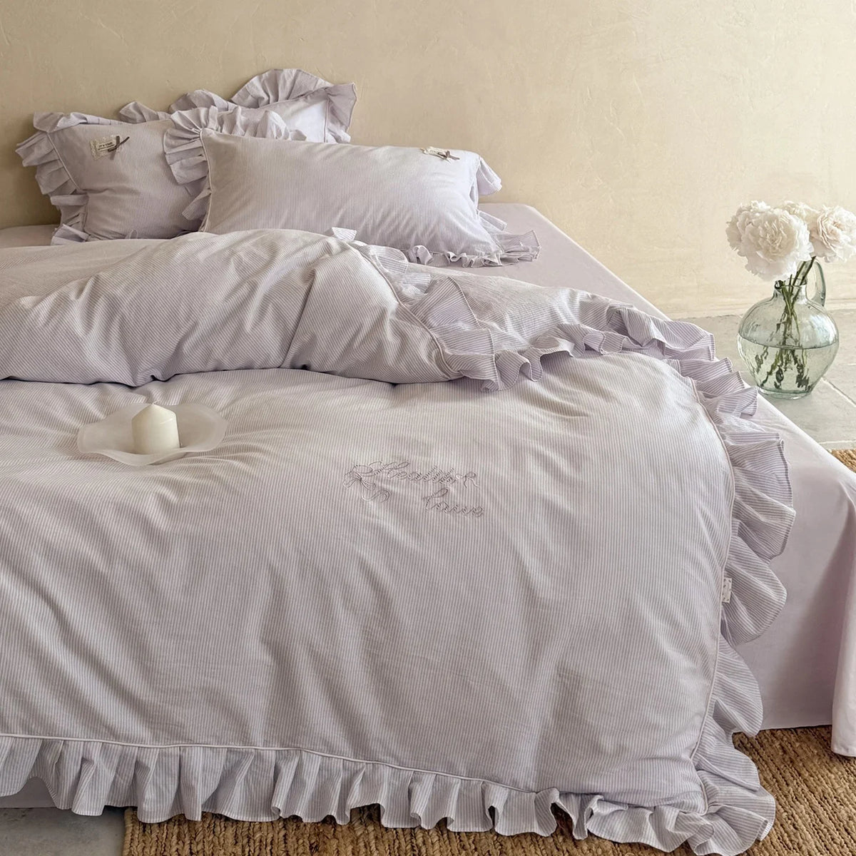 Bed Linen Set Fine Stripe Ruffle Breathable Cotton Blend