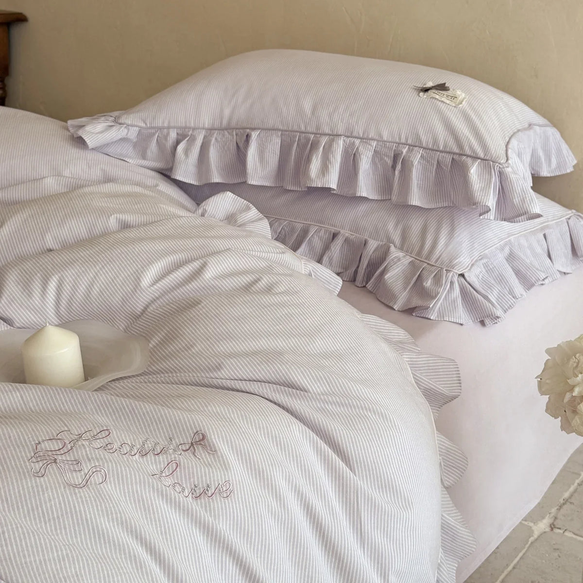 Bed Linen Set Fine Stripe Ruffle Breathable Cotton Blend