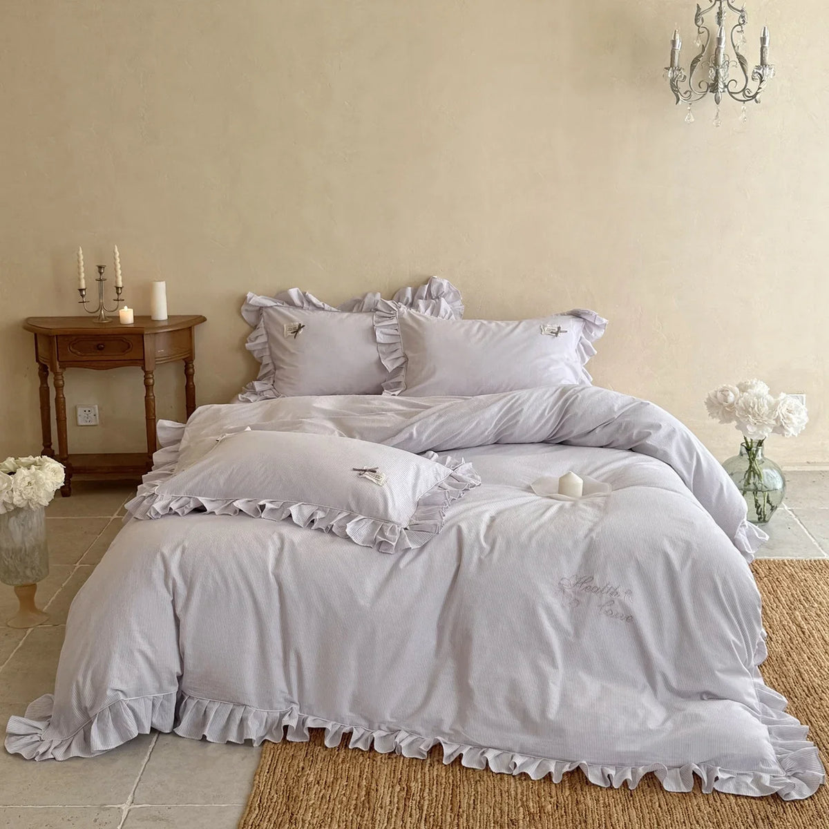 Bed Linen Set Fine Stripe Ruffle Breathable Cotton Blend