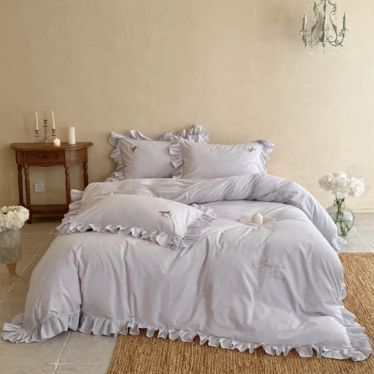 Bed Linen Set Fine Stripe Ruffle Breathable Cotton Blend