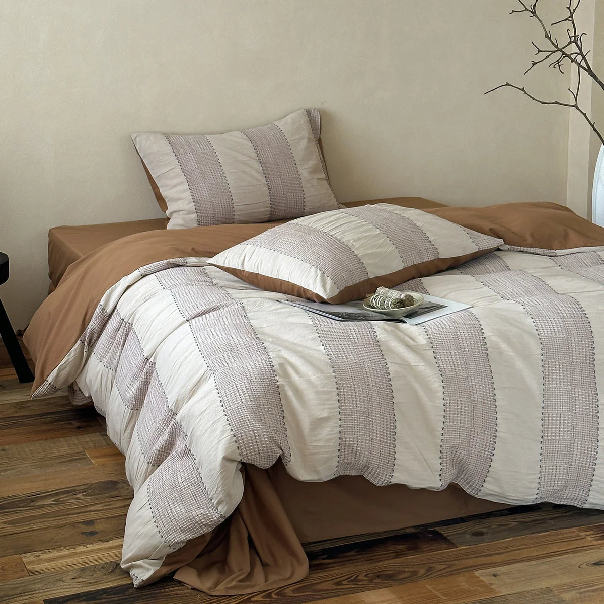 Bed Linen Set Woven Stripe Cotton Integrated Fitted Sheet