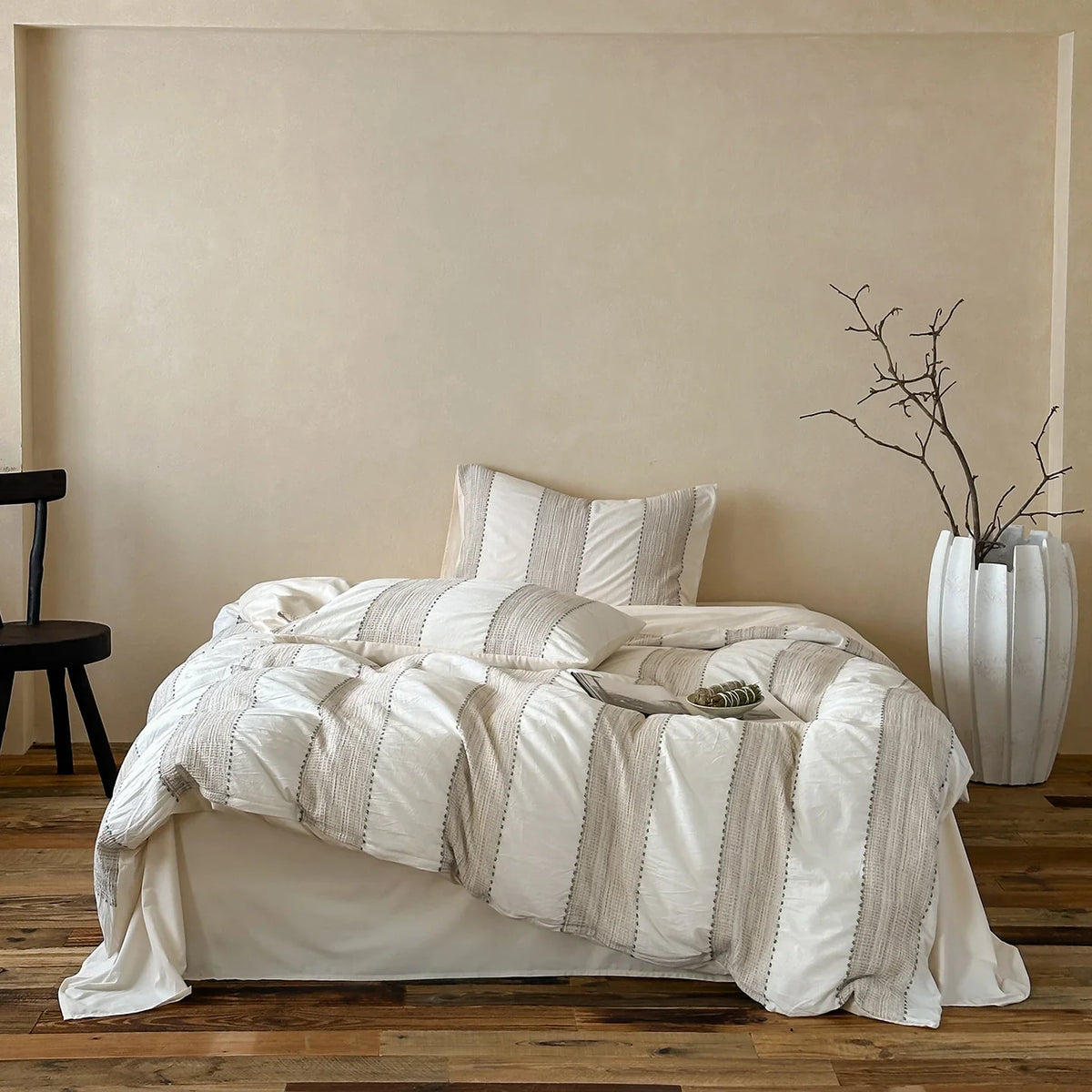 Bed Linen Set Woven Stripe Cotton Integrated Fitted Sheet