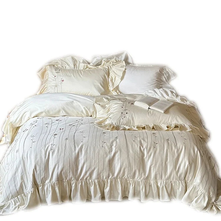 Bed Set Cotton-Linen Breathable Embroidered Ruffled Skirt 4-Piece