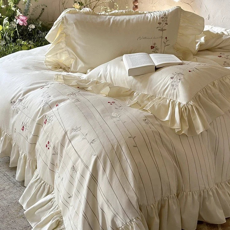 Bed Set Cotton-Linen Breathable Embroidered Ruffled Skirt 4-Piece