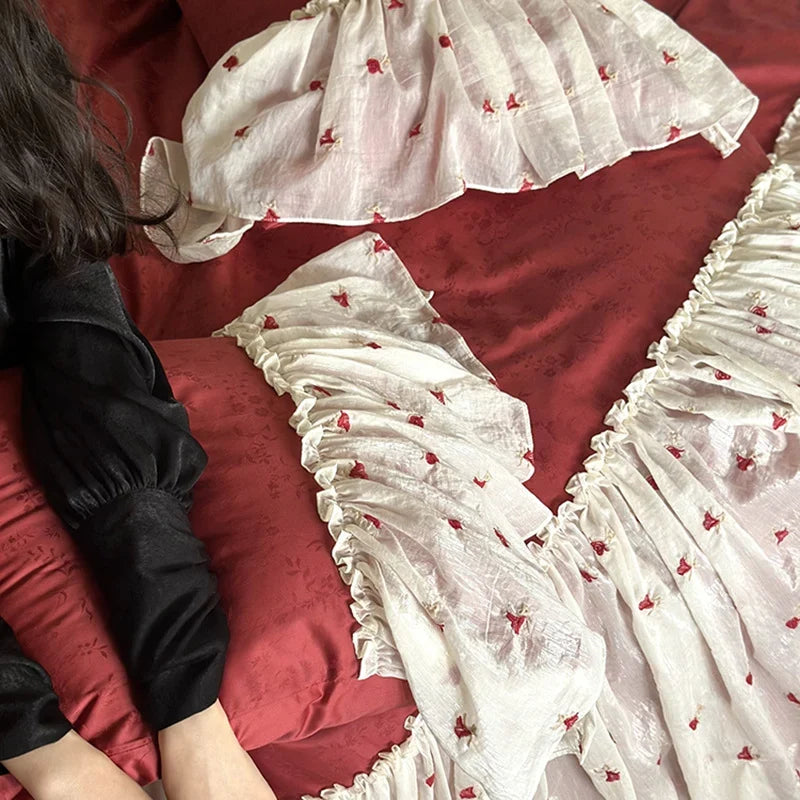 Bed Skirt & Pillowcase Set Cotton-Linen Embroidered Ruffles