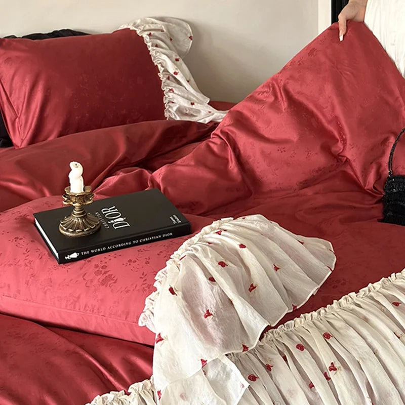 Bed Skirt & Pillowcase Set Cotton-Linen Embroidered Ruffles