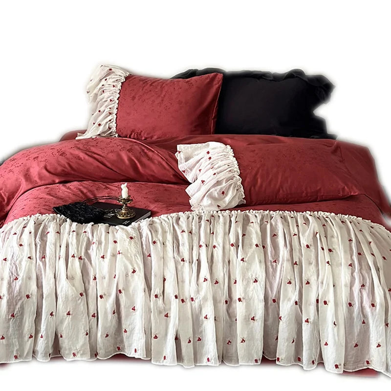 Bed Skirt & Pillowcase Set Cotton-Linen Embroidered Ruffles