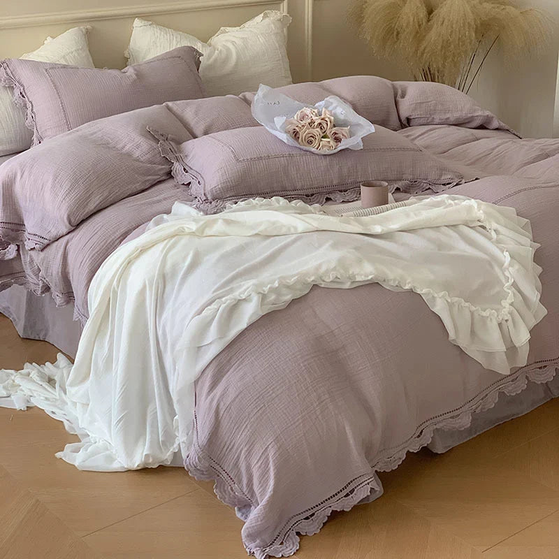 Bedding Set 100% Cotton Gauze Ruffle Trim Concealed Zipper