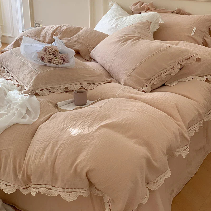Bedding Set 100% Cotton Gauze Ruffle Trim Concealed Zipper