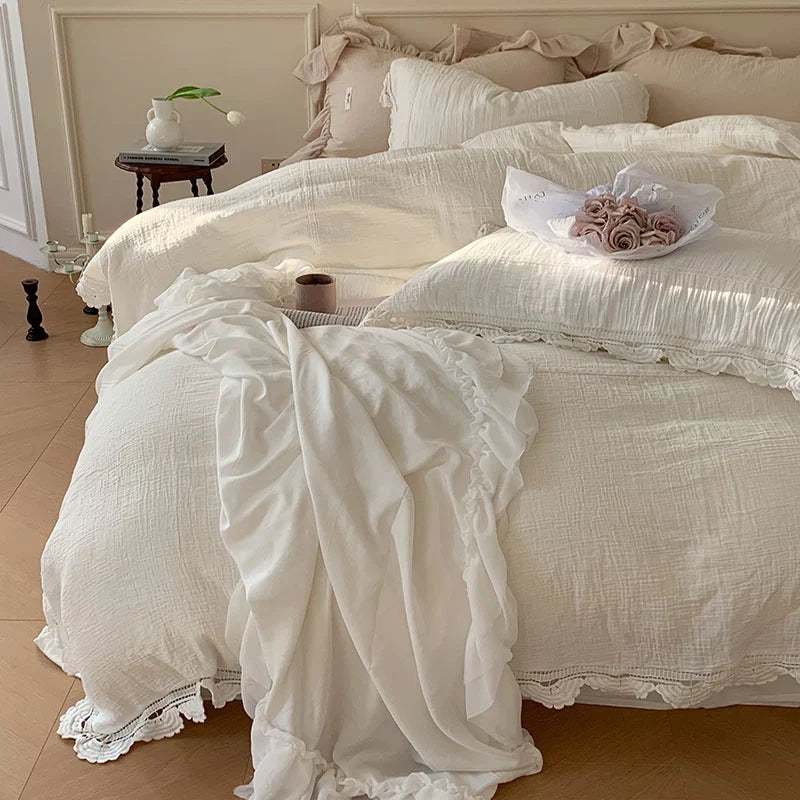 Bedding Set 100% Cotton Gauze Ruffle Trim Concealed Zipper