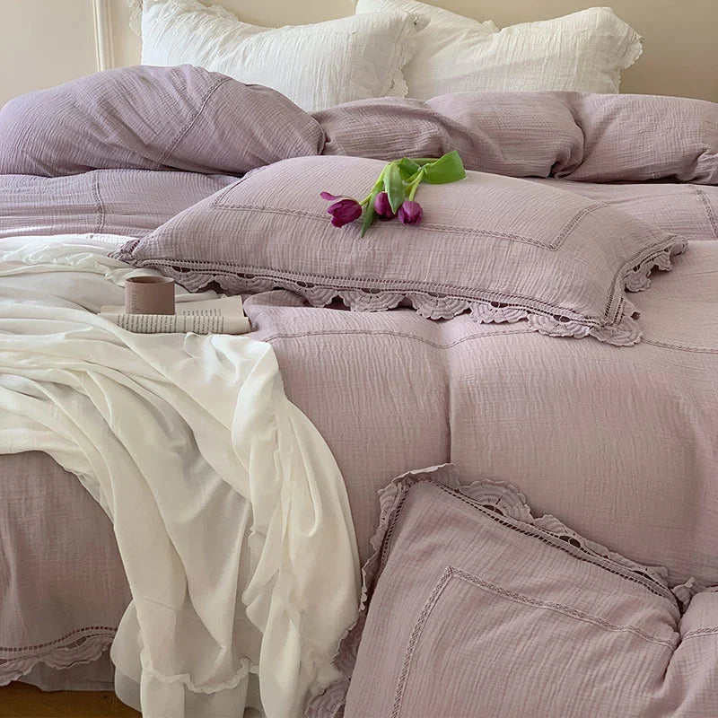 Bedding Set 100% Cotton Gauze Ruffle Trim Concealed Zipper
