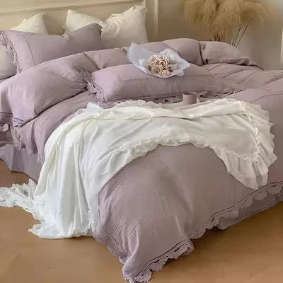 Bedding Set 100% Cotton Gauze Ruffle Trim Concealed Zipper