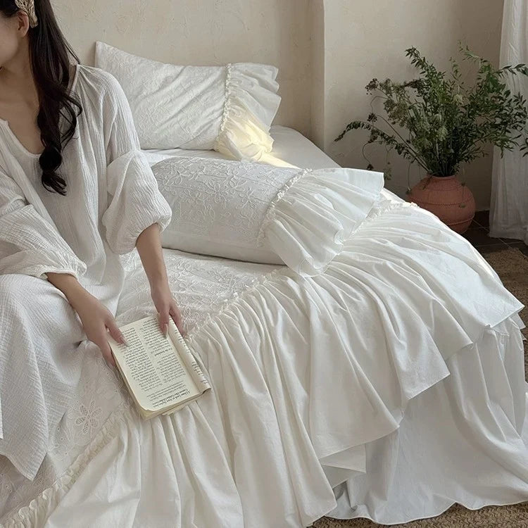 Bedding Set 100% Cotton Muslin Broderie Anglaise 4-Piece