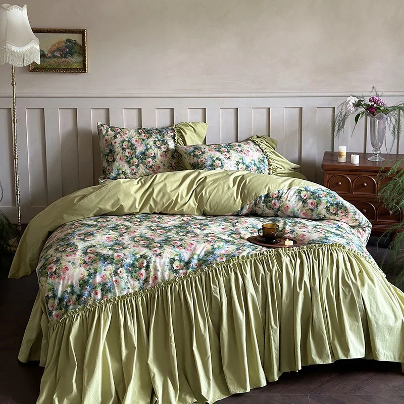 Bedding Set 100% Cotton Reversible Floral Ruffle Trim 4-Piece
