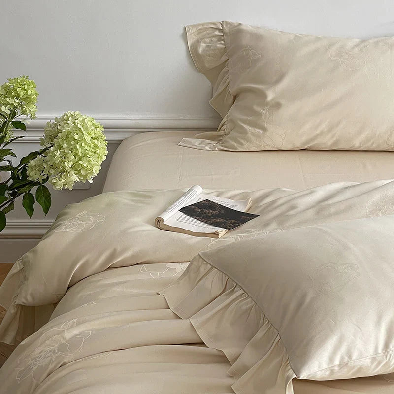 Bedding Set 4-Piece Breathable Cotton Satin Floral Jacquard