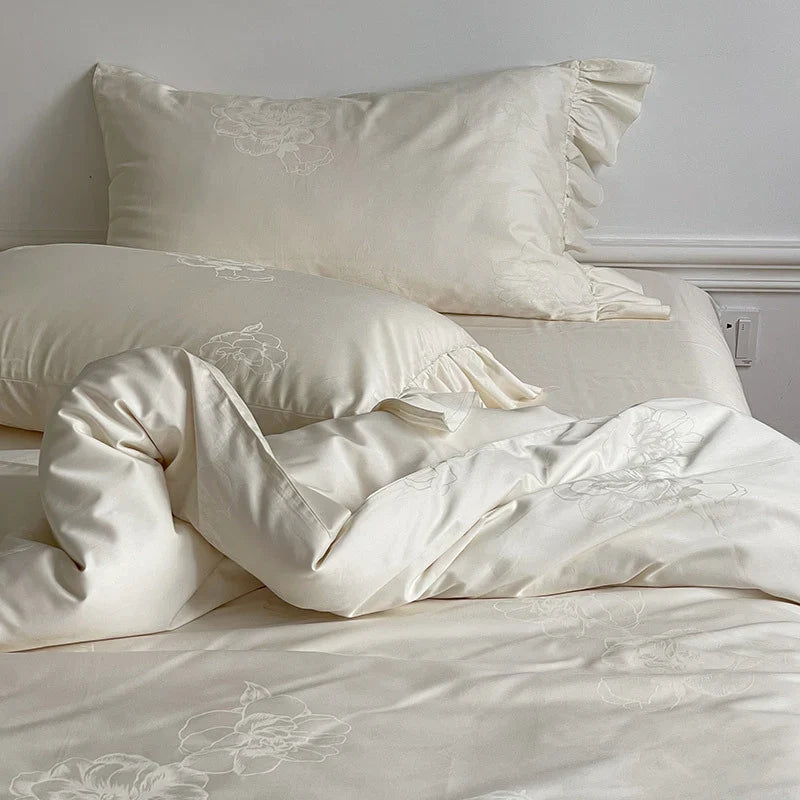 Bedding Set 4-Piece Breathable Cotton Satin Floral Jacquard