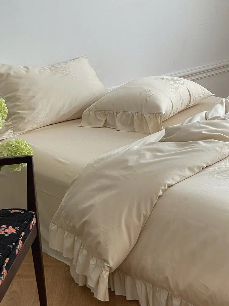 Bedding Set 4-Piece Breathable Cotton Satin Floral Jacquard