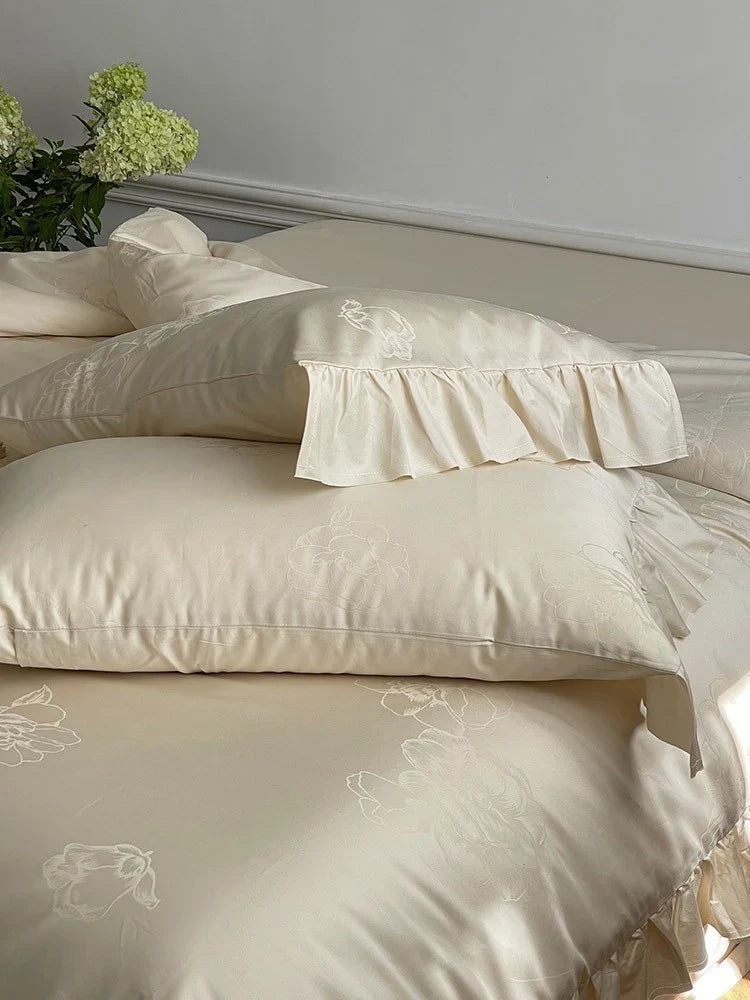Bedding Set 4-Piece Breathable Cotton Satin Floral Jacquard