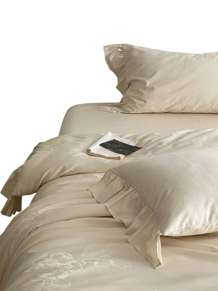 Bedding Set 4-Piece Breathable Cotton Satin Floral Jacquard