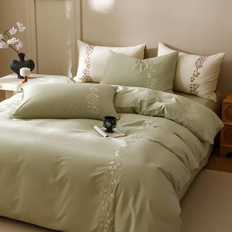 Bedding Set 4-Piece Cotton Satin Floral Embroidery