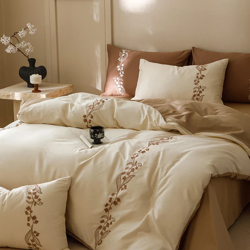 Bedding Set 4-Piece Cotton Satin Floral Embroidery