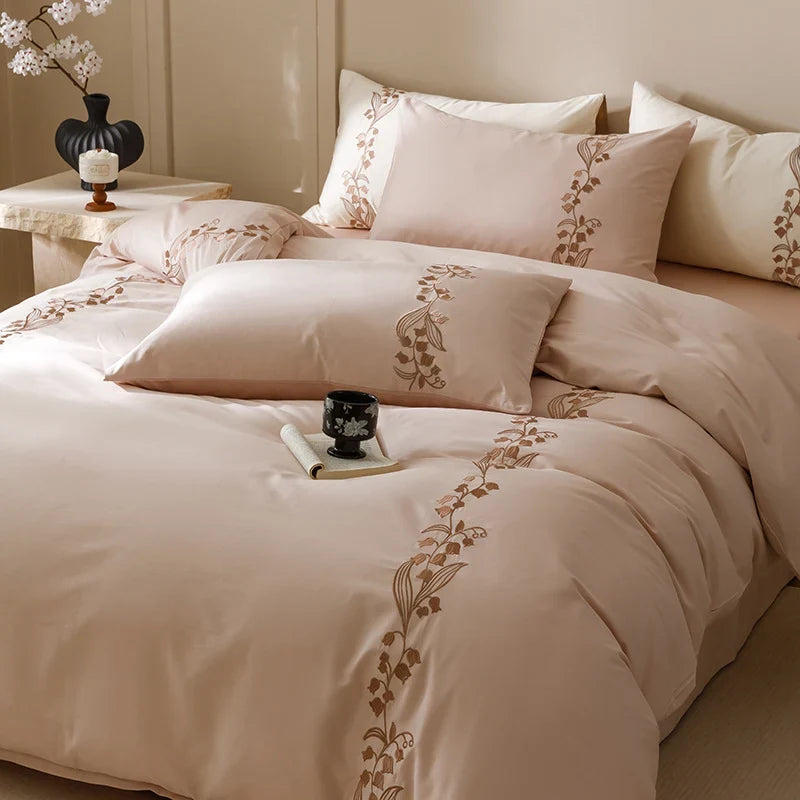 Bedding Set 4-Piece Cotton Satin Floral Embroidery