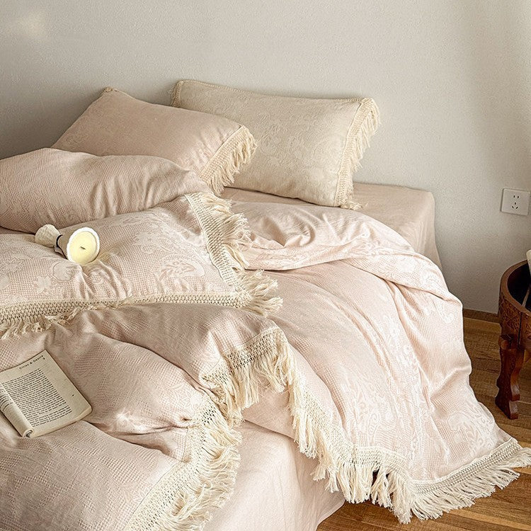 Bedding Set 4-Piece Cotton Satin Jacquard Fringed Trim
