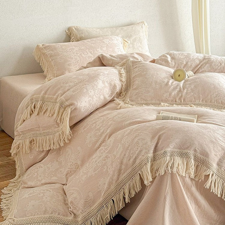 Bedding Set 4-Piece Cotton Satin Jacquard Fringed Trim