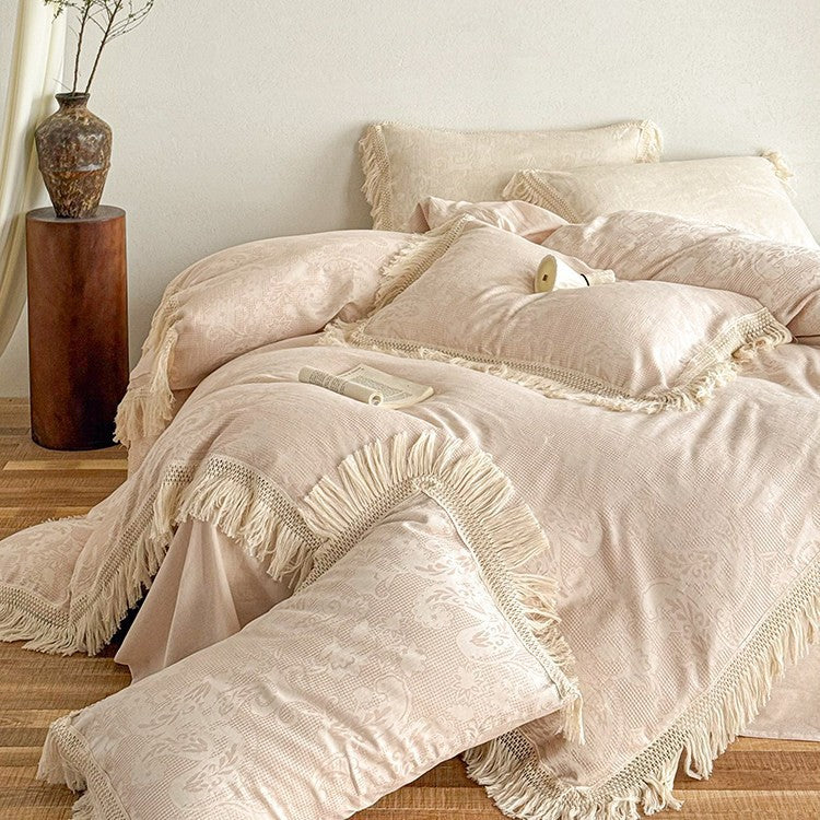 Bedding Set 4-Piece Cotton Satin Jacquard Fringed Trim