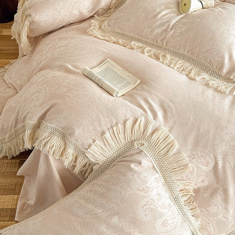 Bedding Set 4-Piece Cotton Satin Jacquard Fringed Trim
