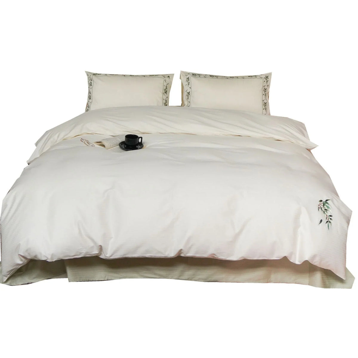 Bedding Set 4-Piece Cotton Satin Leaf Embroidery