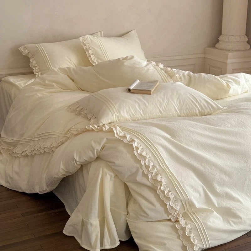 Bedding Set 4 Piece Lace & Ruffle 100% Cotton