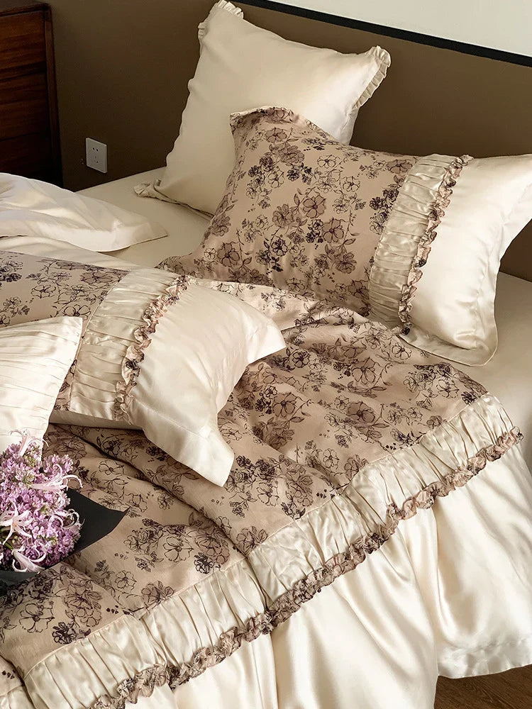 Bedding Set 4-Piece Satin Floral Jacquard Concealed Zipper