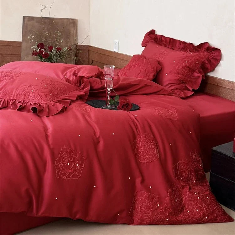 Bedding Set 4-Piece Satin-Look & Rose Embroidery