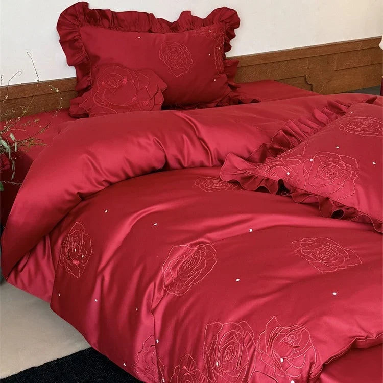 Bedding Set 4-Piece Satin-Look & Rose Embroidery