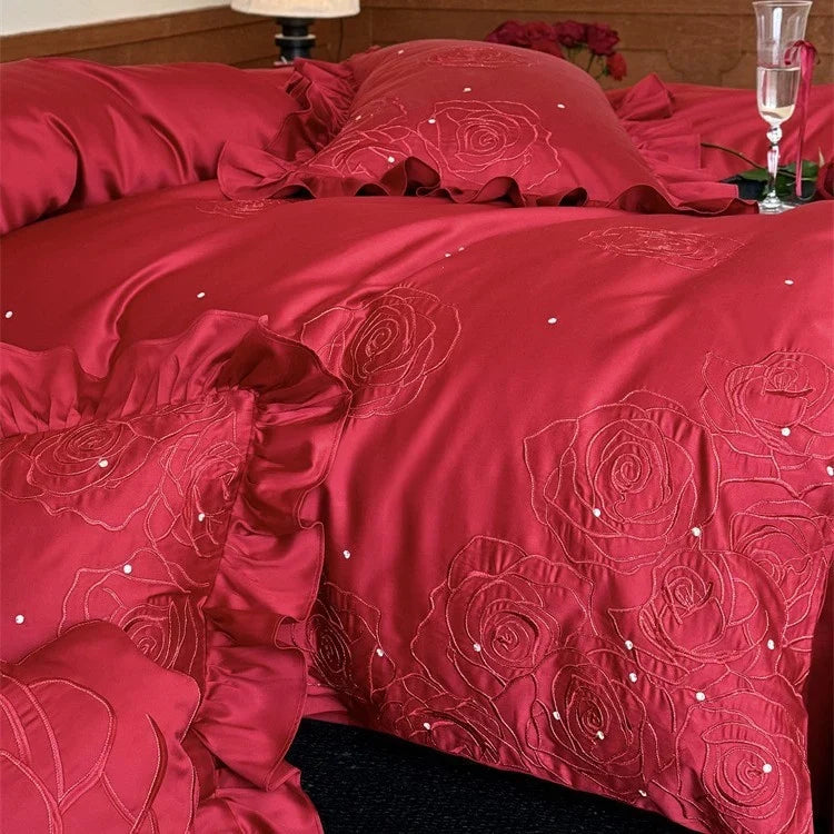 Bedding Set 4-Piece Satin-Look & Rose Embroidery