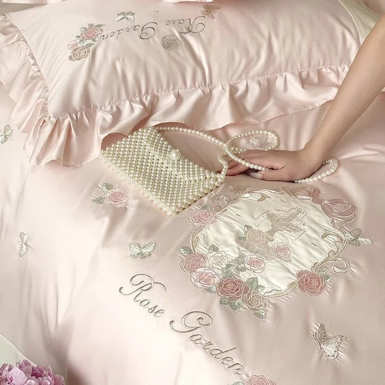 Bedding Set 4-Piece Silky Cotton Satin Rose Embroidery
