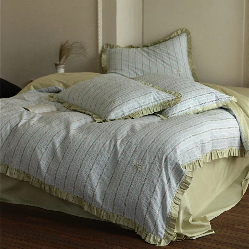 Bedding Set Breathable Cotton Blend Fine Striped Ruffle Trim