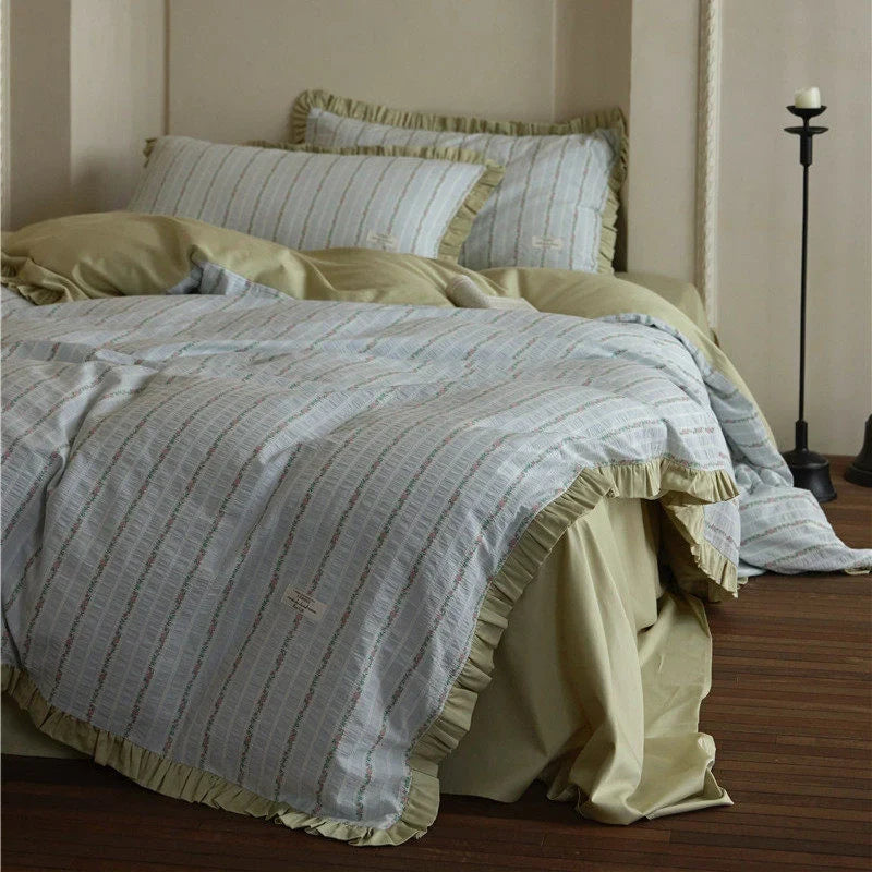 Bedding Set Breathable Cotton Blend Fine Striped Ruffle Trim