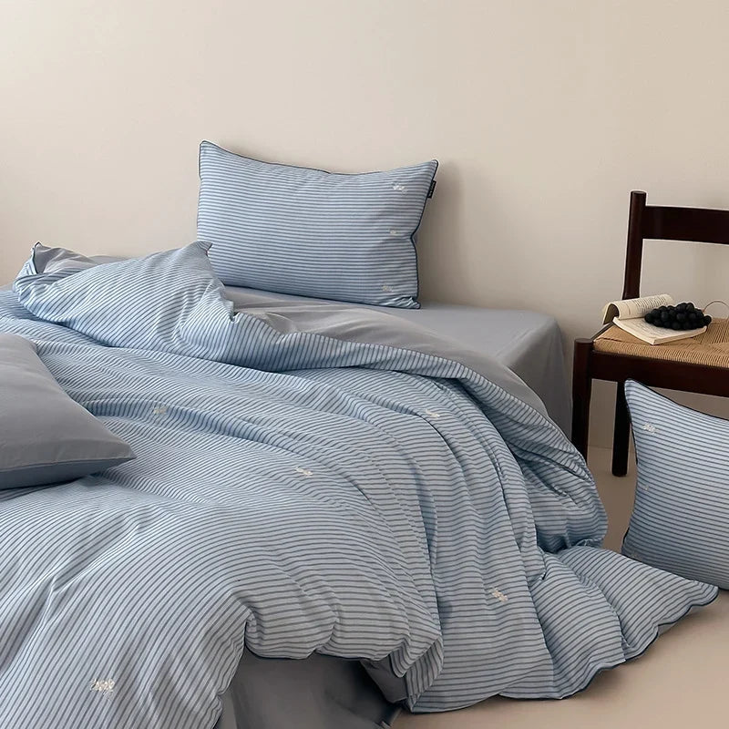 Bedding Set Breathable Cotton Fine Stripe Machine Washable