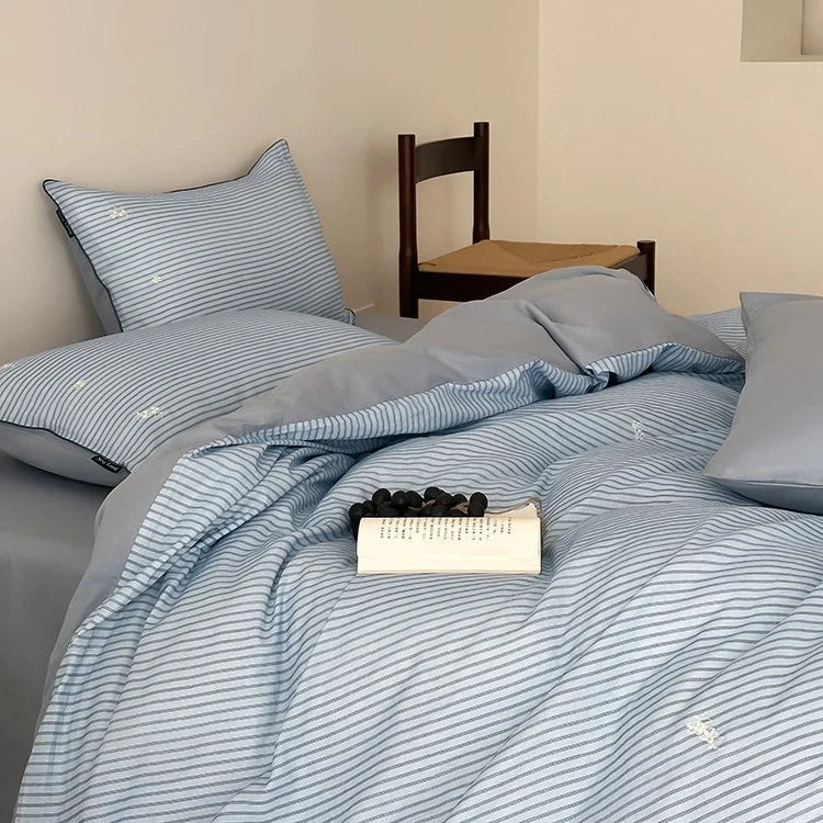 Bedding Set Breathable Cotton Fine Stripe Machine Washable
