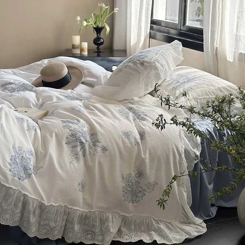 Bedding Set Breathable Cotton Floral Embroidery & Lace